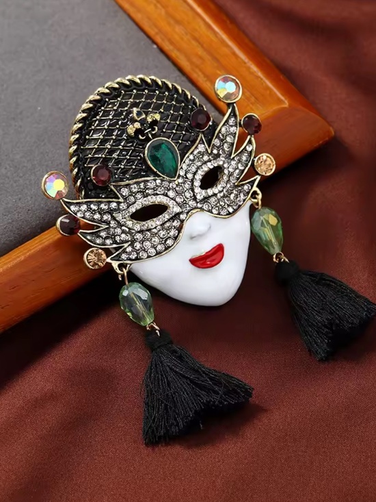 Anthropologie Jewelry - Anthropologie Crystal Masquerade Mask Brooch - Black, White & Green